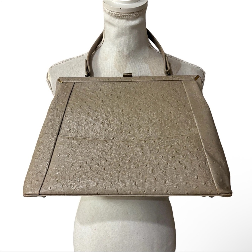 Vtg 50's Dobbies Bags Gray Ostrich Embossed Leather Structured Handbag